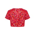 thumbnail image 2 of Haitryli Girls Short Sleeve Colorful Printed Shiny Metallic Round Collar Crop Top Costume for Dance And Performance Red 130, 2 of 7
