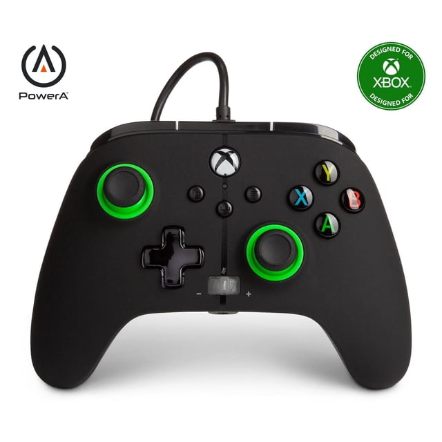 PowerA Manette Filaire Améliorée pour Xbox – Indice Vert, Manette Filaire Noire Orientée vers l'Avant avec sticks Analogiques à Anneau Vert, Pavé en D Noir Lustré à Huit Sens, Bouton logo Xbox, Y, X, B, A en Jaune, Bleu, Rouge et Vert, Molette de Casque et Câble USB de 10 Pi, Conçue pour Xbox Series X/S et Xbox One, Idéale pour les Jeux Compétitifs avec Boutons Avancés Mappables.