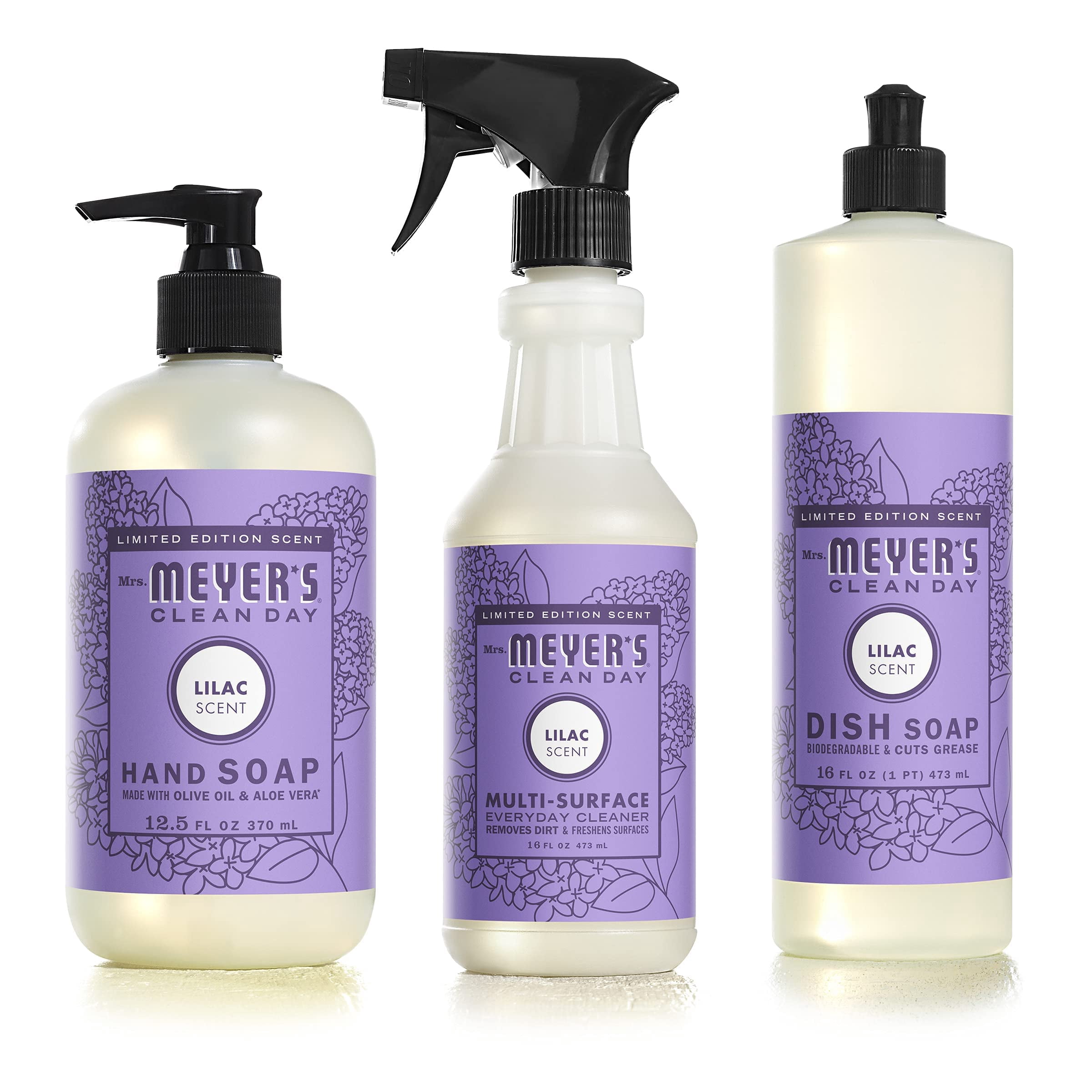 Mrs. MEYER'S Kitchen Set, Dish Soap, Hand Soap, and Multi-Surface Cleaner, 3 CT (Lilac)