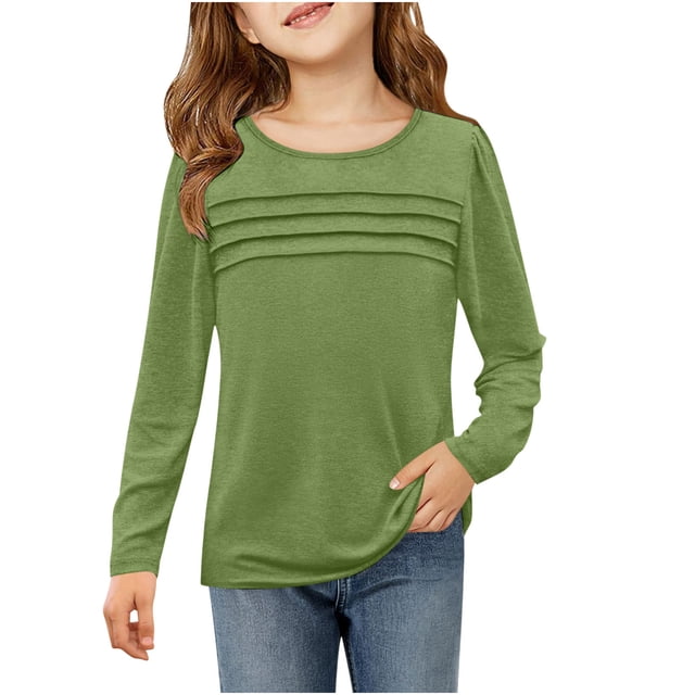Plebaso Chemises à Manches Longues pour Filles Blouses Plissées pour Garçons Col Rond Enfants Tunique Décontractée Ample Unie