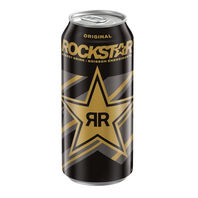 Rockstar Original Energy Drink 473 mL can with black matte finish and gold star logo featuring RR initials, containing 160mg caffeine with guarana, ginseng, and taurine for an energizing boost, suitable for active lifestyles.