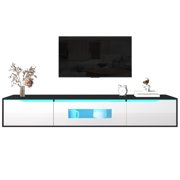 TV Stand, High-Gloss TV Stand, Color-Matched to High-Gloss White and Black Tone, with Color-Changing LED Lighting.(Door without glass)