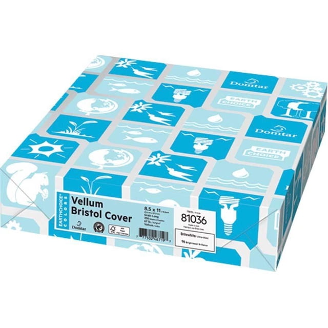 EarthChoice Bristol Multipurpose Cover Stock, 65 lb, 250 sheets per pack, 8.5 x 11 inches, white cardstock. The packaging displays a blue and white design with environmental-themed graphics, including animals, plants, and energy symbols. Ideal for arts and crafts, direct mail, greeting cards, and business reply cards. Features a semi-smooth finish and is inkjet, laser, and copier compatible.