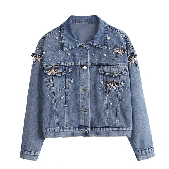 Pincandy Women's Jean Jacket Embroidered Rivet Pearl Short Denim Jacket Coat