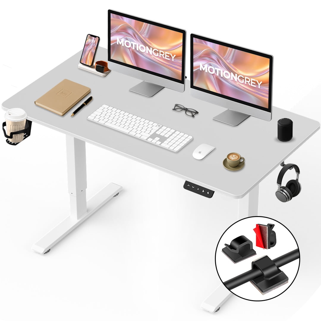 MotionGrey - Ergo2 Adjustable Electric Standing Desk with Memory Settings - 43" x 24" White Top White Frame - Ergonomic Desk for Home and Office