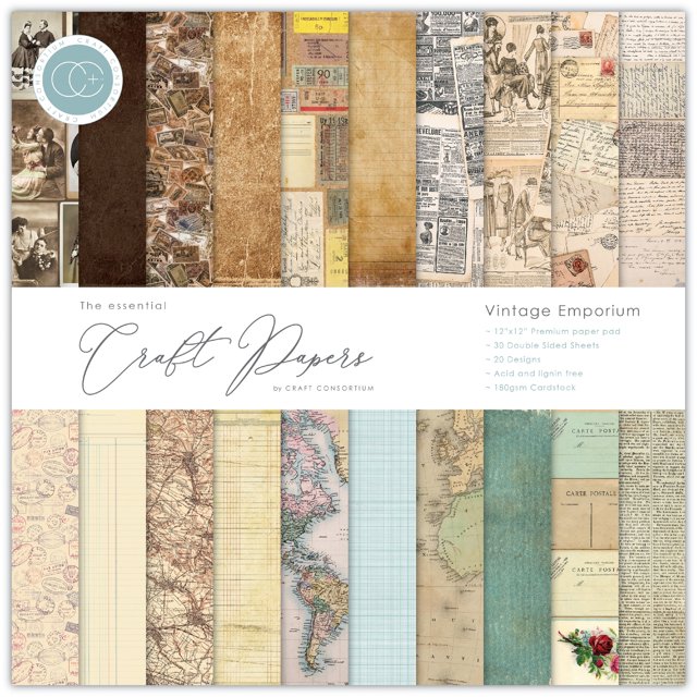 Craft Consortium Bloc-Notes en Papier Recto Verso 12"X12 Pouces 30/paquet - Vintage Emporium, 20 Modèles