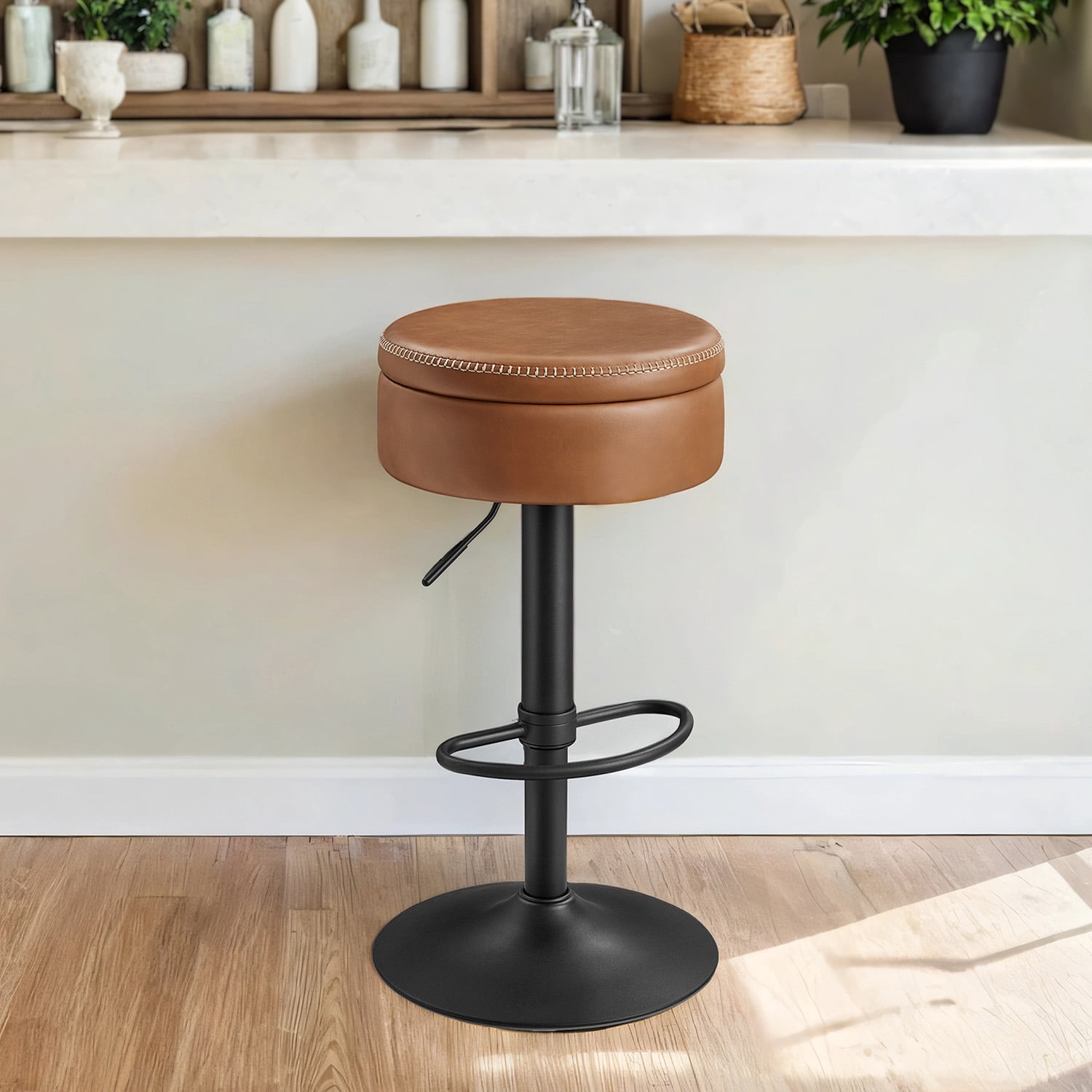 360° Swivel Bar Stool, Height Adjustable Barstool with Storage, Synthetic Leather with Stitching, Mid-Century Modern, Kitchen Bar, Brown