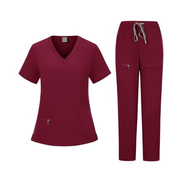 Ktyne Womens Scrubs Sets Stretchy Nurse Uniform Short Sleeve Scrub & Pants Solid Color Medical Scrub Sets with Multi Pockets Wine S