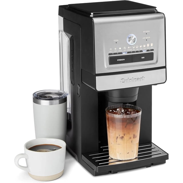 Cuisinart Coffee Maker, Custom Grind and Brew Single Cup Coffee Maker with built-in stainless steel conical burr mill, black and stainless steel finish, programmable control panel with strength and size settings, brewing iced coffee in a clear glass on the removable drip tray, accompanied by a white ceramic coffee cup and insulated travel tumbler.