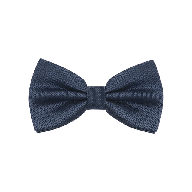 INSPIRE CHIC Men's Grids Patterned Solid Color Adjustable Pre-tied Bow Tie in navy blue. The bow tie features a subtle grid pattern and measures 12x7cm (4.7x2.8 inches). It includes an adjustable neck strap ranging from 29-51cm (11.4-20.1 inches) for a comfortable fit. Made from 100% polyester, this pre-tied bow tie is suitable for various occasions such as weddings, office events, and family gatherings. The package contains one bow tie.