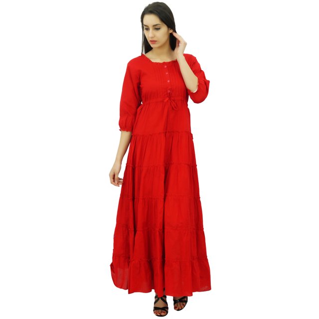Bimba Robe Maxi d'Été en Coton à Manches 3/4 pour Femme, Taille à Cordon