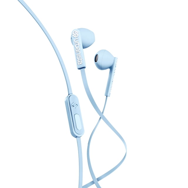 Urbanista San Francisco wired earbuds in light blue with tangle-free flat cables and inline button remote, featuring silicone ear tips and USB Type-C connection, shown in a close-up front view on white background, suitable for everyday use and voice assistant control.
