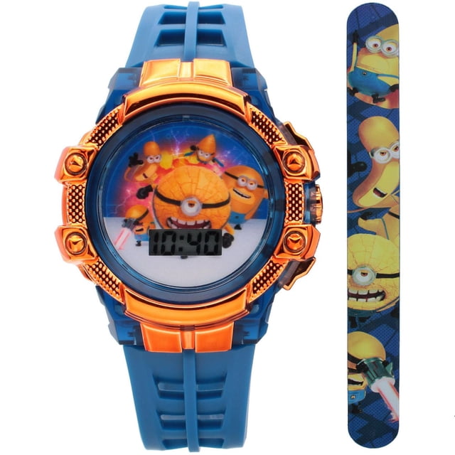 Minions Kids’ Digital Watch with Bonus Slap Bracelet – Blue & Orange featuring a round digital watch with orange bezel and blue plastic strap, displaying Minions characters on the face and clear digital time, paired with a matching Minions-themed slap bracelet, suitable as a fun kids’ accessory.
