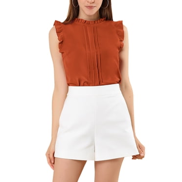 INSPIRE CHIC Women's Sleeveless Work Blouses Ruffled Pleated Chic Tops Dark Orange M