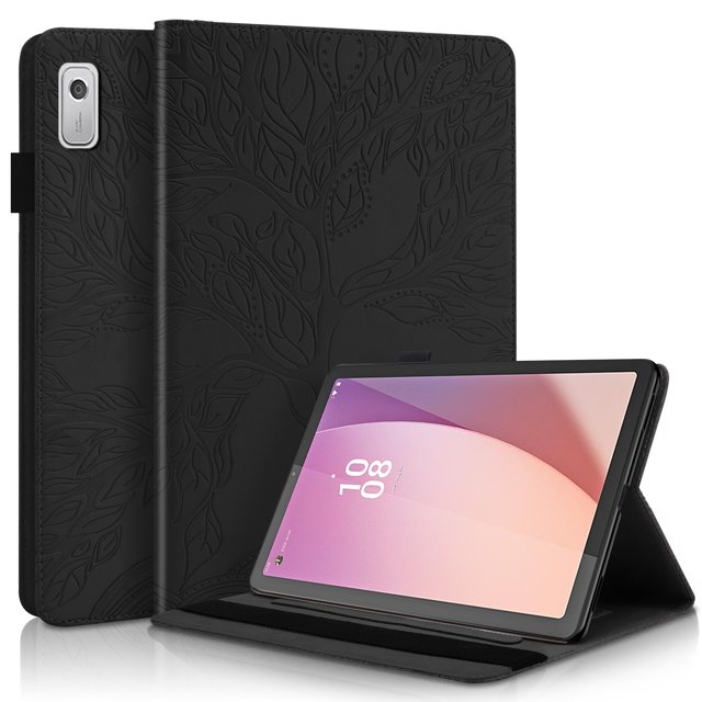 Tree of Life Embossed Case for Lenovo Tab m9 Stand, Card Slots, Stylus Loop Black