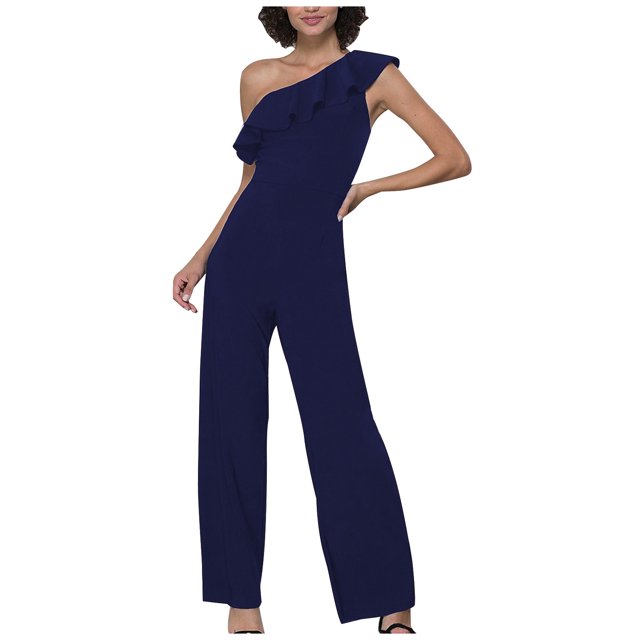 Yuyuzo Women Rompers 1 Shoulder Sleeveless Ruffle High Waist Loose Wide Leg Pants Elegant Jumpsuits