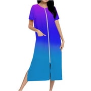 Robes for Women Zip Up Long Housecoat Knit Bathrobes Full Length Pockets
