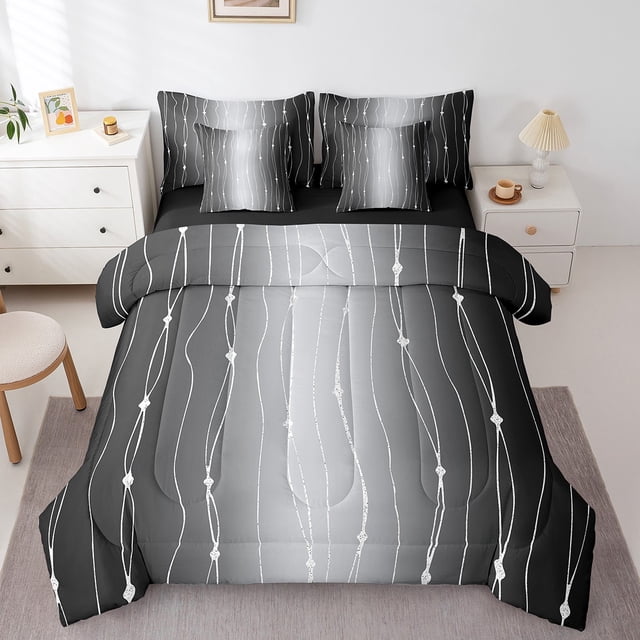 YST, Gradient Ombre Bedding Set, 7-Piece, Modern Abstract, Black and Grey, Wave Lines Dots, Twin