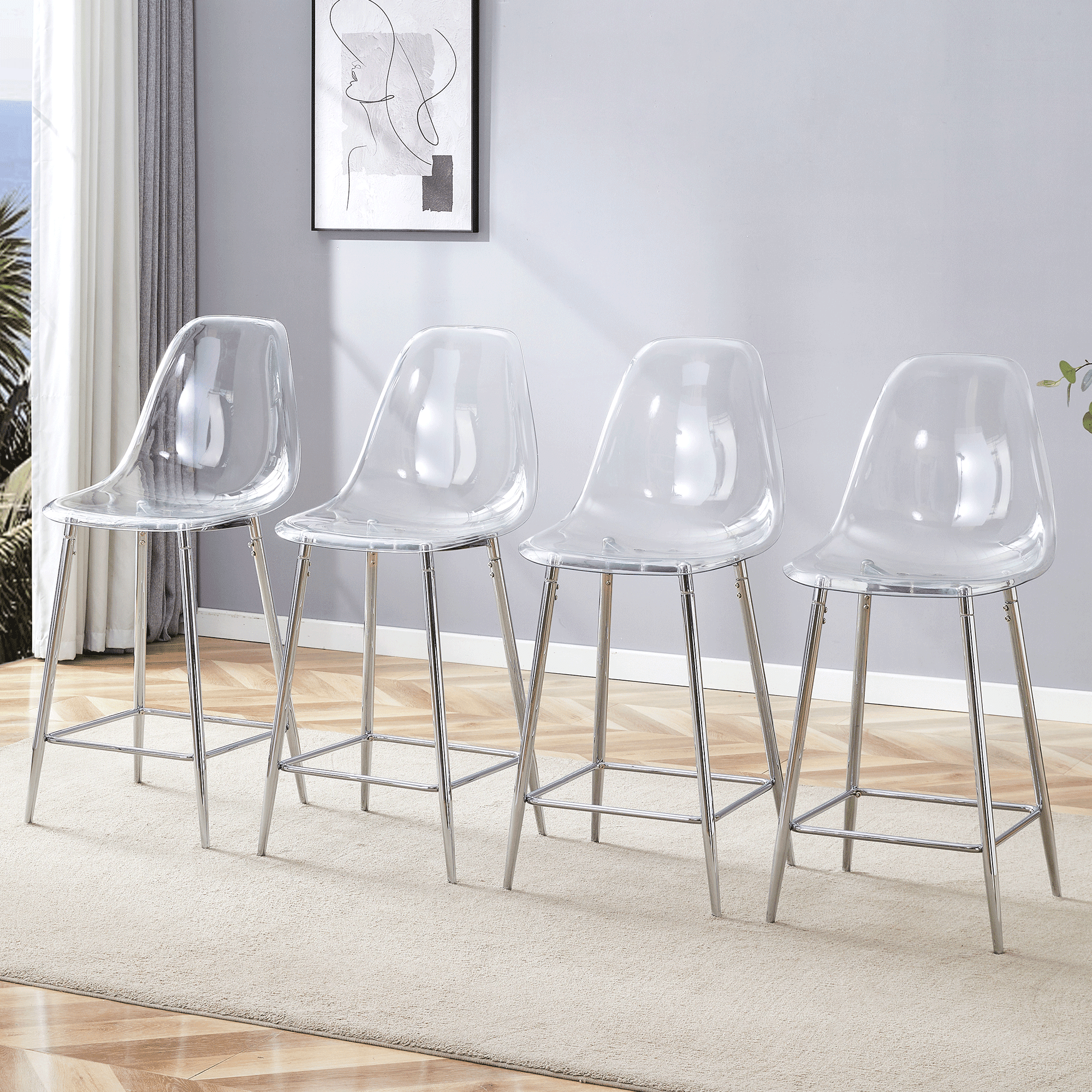 Noble House Modern Minimalist Bar Stool Set of 4,Integrated Backrest,Silver