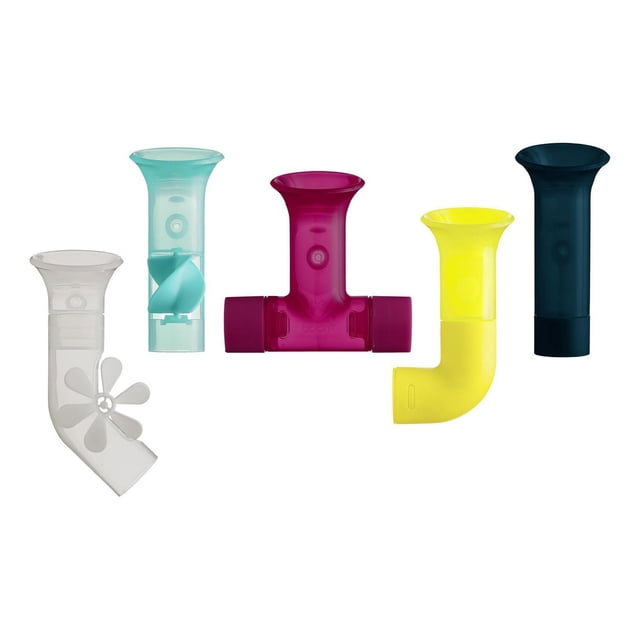Boon PIPES Building Bath Toy Set with five suction cup pipe pieces in grey, teal, magenta, yellow, and dark blue, each uniquely shaped for scooping and pouring water during bath time, designed for infants 12 months and older.