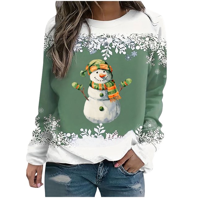 Rbaofujie Vintage Chandail Noël Femmes Mode Décontractée Imprimé Col Rond Ample Manches Longues Hauts Blouse Chandails Vert Esthétique Chandails à Capuchon