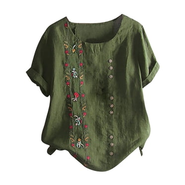 Chemise Bohème à Fleurs Brodées pour Femme Grande Taille, Blouse en Coton et Lin à Manches Courtes avec devant Boutonné et Encolure Ronde, Haut Décontracté et Stylé pour Vacances, Fête et Occasions Décontractées Quotidiennes Vert Armée