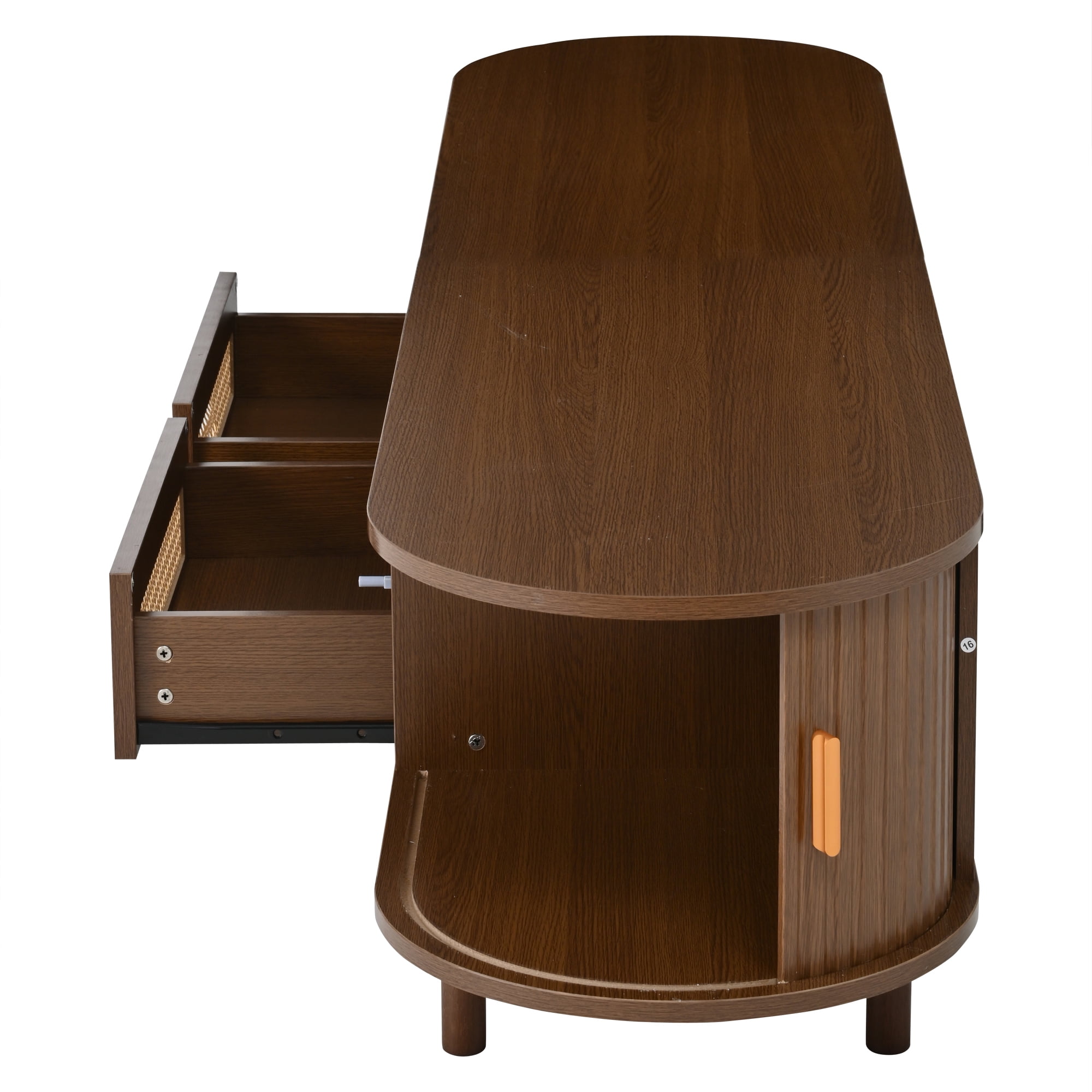 Meuble TV maison Noble 64.9" avec 2 tiroirs en rotin et 2 portes coulissantes, buffet ovale arrondi pour TV 65", noyer