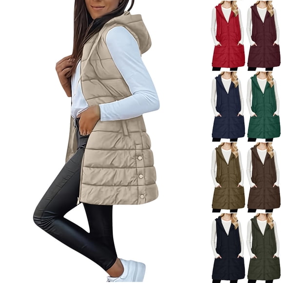 Nfurl Long Puffer Vests for Women Casual Outerwear Lightweight Solid Color Quilted Vest with Zipper Sleeveless Jackets Fall Winter Coats Black S