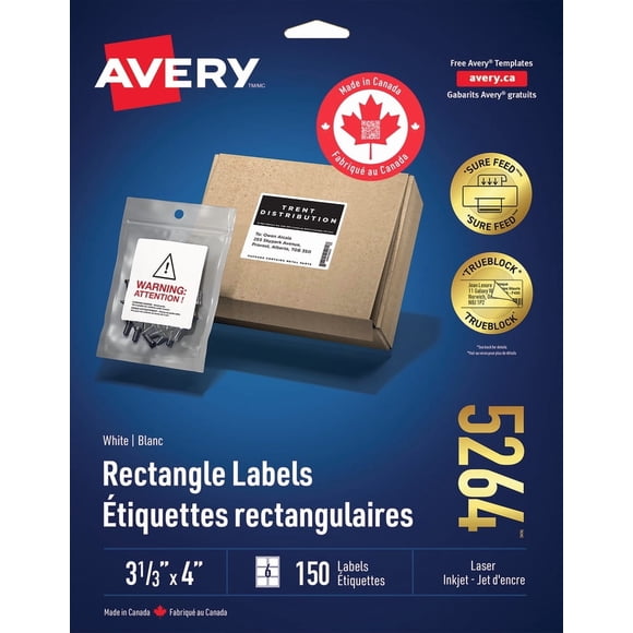 Avery White Rectangle Labels with Sure Feed Technology, 3 ⅓" x 4", for Laser and Inkjet Printers - 5264