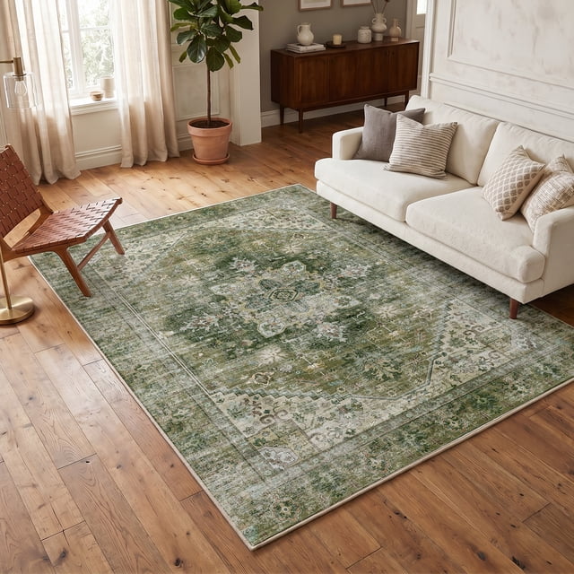 Exenoray Washable Bohemia Rug, Non-Slip Low Pile Printed Carpet, Faux Cashmere Surface, Vintage Green 6*9