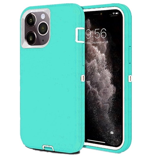 PST iPhone 12 / iPhone 12 Pro (6.1") Hard Defender Case in turquoise, a heavy-duty case with triple-layer shockproof protection, reinforced corners, raised edges, and precise cutouts for buttons and ports. Includes a dust plug for the charging port.