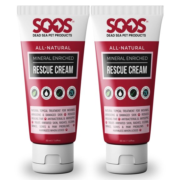 SOOS Crème de Secours pour Animaux pour Chiens et Chats - Enrichie en Minéraux Naturels de la Mer Morte - Absorption Rapide, Réduction de la Douleur - Traitement des Blessures, Coupures, Plaies, Blessures, Égratignures, Peau Abîmée - 50 ml (Lot de 2)