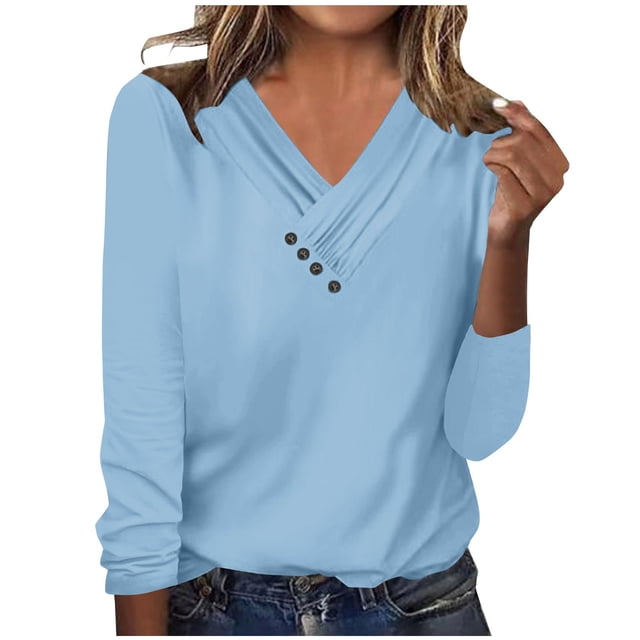 Timegard Womens Tops V-Neck Ruched Button Long Sleeve Solid Color Comfy Tee Dressy Casual Tunic Top