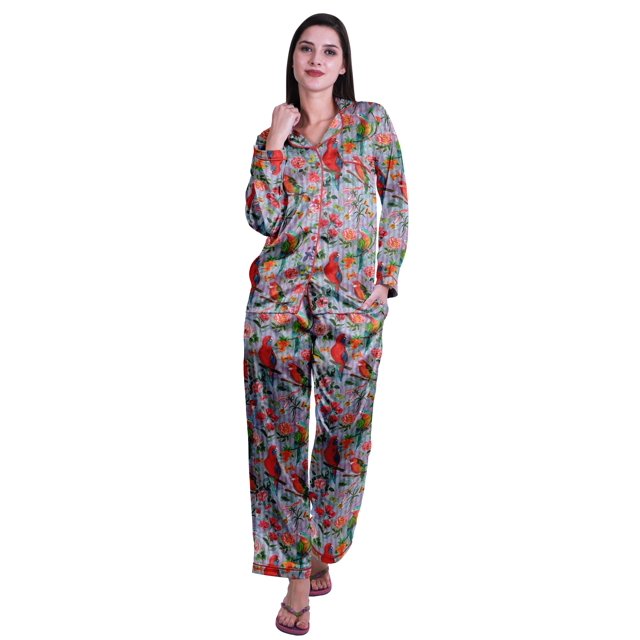 Moomaya Ensemble de Pyjama à Manches Longues et Shorts pour Femmes, Pyjama en Satin à Boutons pour Femmes
