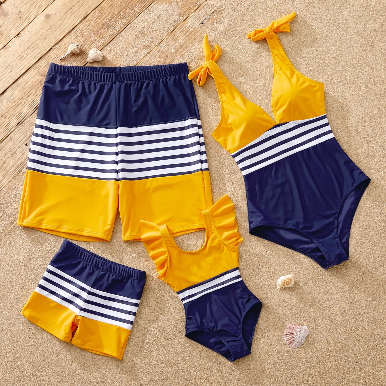 PatPat Mens Swim Trunks Family Matching Set Stripe Colorblock Spliced Board Shorts Mommy and Me Bathing Suits