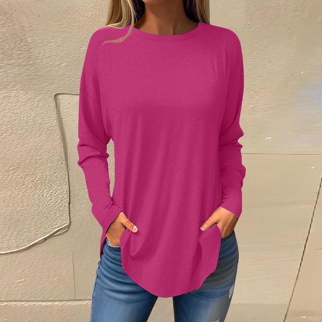 Mefallenssiah Chemisiers d'Automne pour Femmes à Col Rond, Couleur Unie, Mode, Smockés, Manches Longues, Hauts, Rose Vif, TG