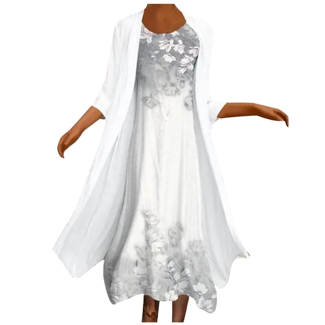 Vente de Liquidation Robe Deux Pièces Ample à Imprimé pour Femme Grande Taille, Manches 3/4, Col Rond, Jupe