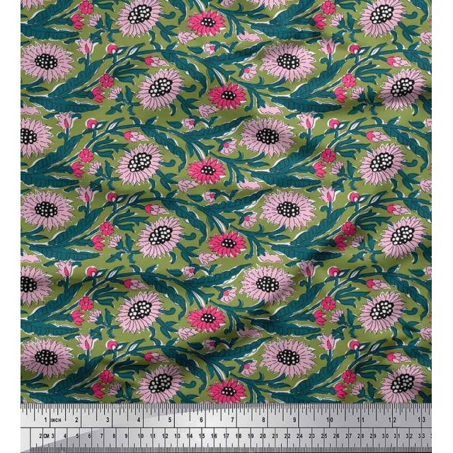 Soimoi Modal Satin Fabric Leaves & Floral Block Printed Craft Fabric by The Yard 42 Inch Wide