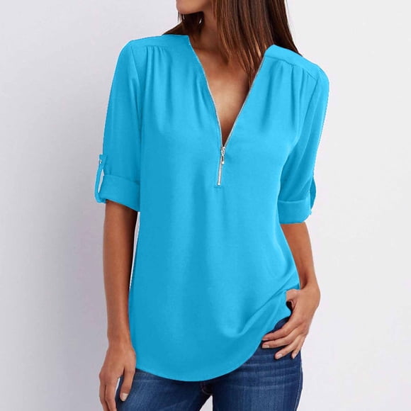 zanvin Tops for Women, Women's Summer Long Sleeve Shirts Zip Casual Tunic V-Neck Rollable Blouse Tops Shirt