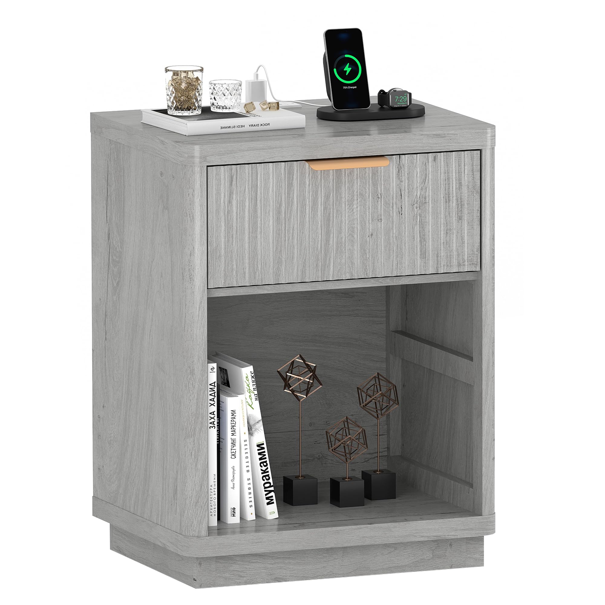BeesClover Fluted Farmhouse Night Stand, Fluted Nightstand with Charging Station, FlutedNightstand Bedroom with Drawers, Modern Mid Century Bedside Table w/Metal Handle