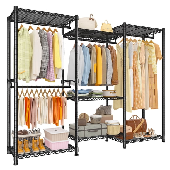 Exenoray 3-Section Closet Organizer System with Hanging Rod & 7 Wire Shelves, Heavy Duty Metal Wardrobe Rack, 900 lbs Capacity, 68.9" W x 15.7" D x 76.7" H, Black