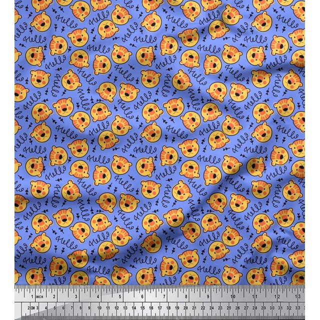 Soimoi Polyester Crepe Fabric Text & Tiger Face Cartoon Printed Craft Fabric by The Yard 42 Inch Wide