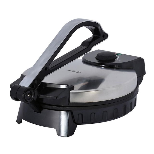 Brentwood electric tortilla maker featuring a stainless steel non-stick surface and adjustable temperature control knob.
