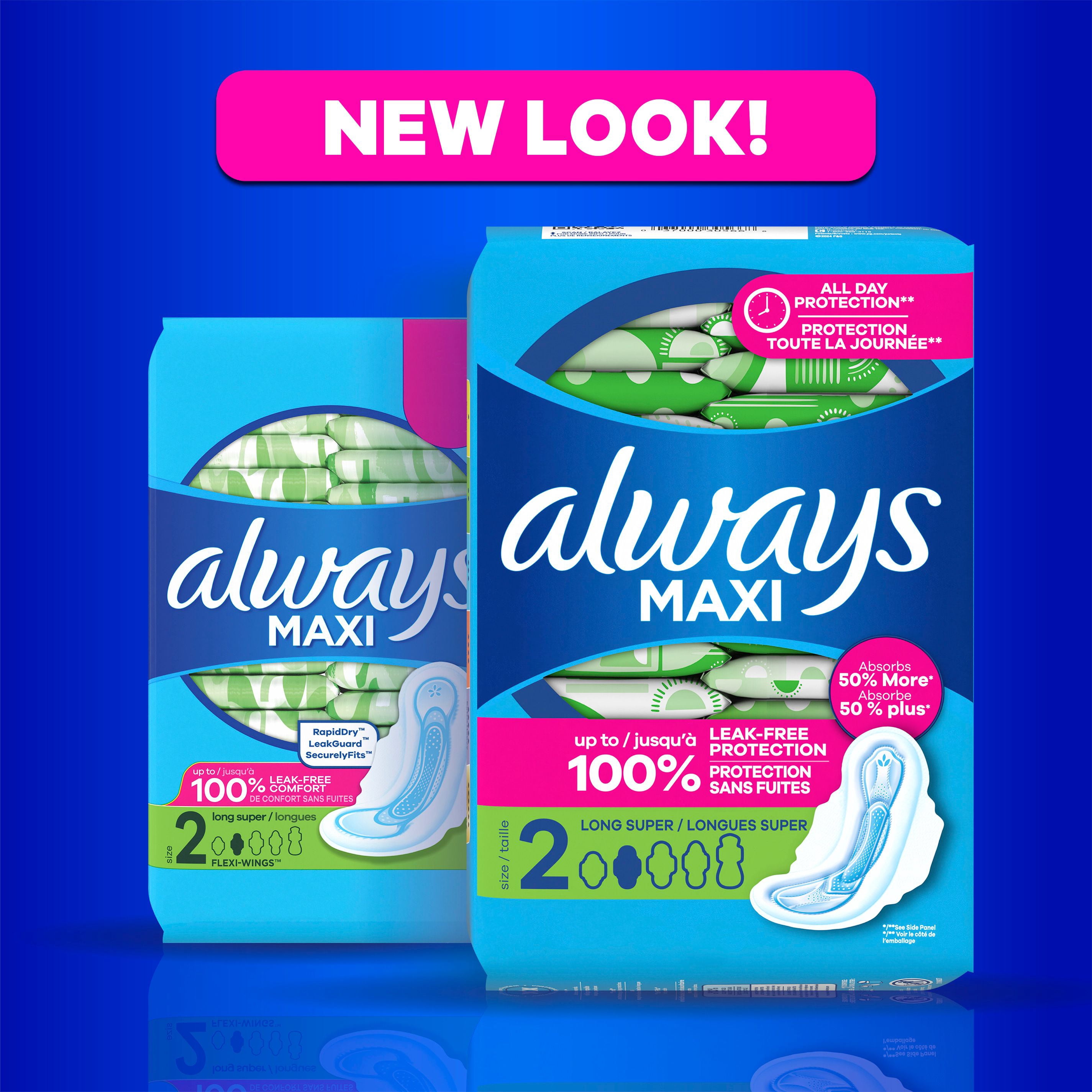 Always Maxi Feminine Pads with Wings for Women, Size 2, Long Super Absorbency, Unscented
