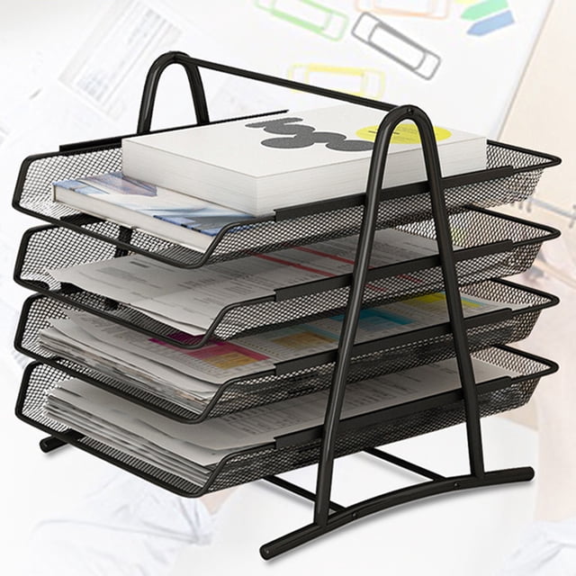 Desk File Tray Organizer Mesh Letter Tray Mesh Desk Paper Holder Office Desk Document Tray Mesh Bracket Paper Letter Shelf Holder Black Metal For Home Study School. A black metal mesh desk file tray with five tiers, designed for organizing A4-sized paper, documents, and stationery. The tray features a sturdy frame with an arc bottom to prevent desk scratches, making it suitable for home, study, or school use.