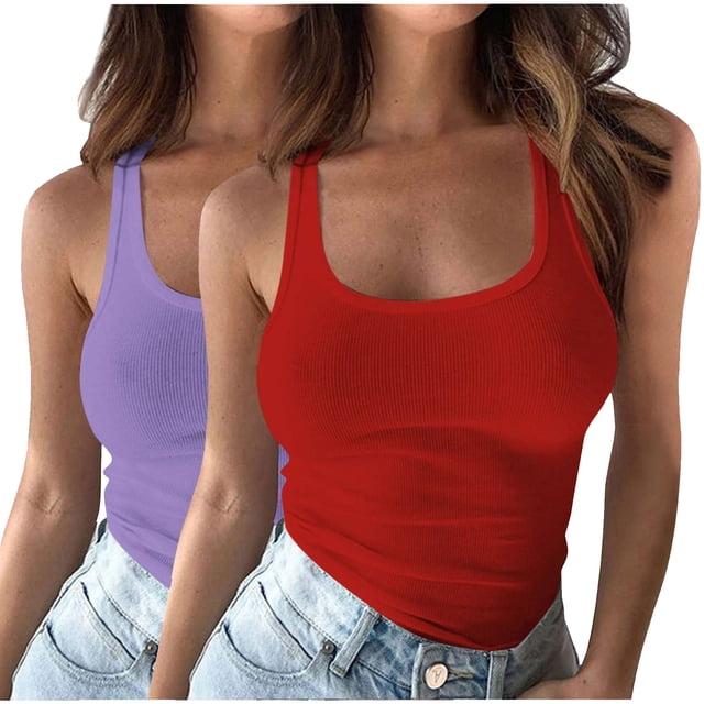 Plebaso 2 Pack Ribbed Tank Tops for Women Spaghetti Strap Slim Tops Scoop Neck Sleeveless Summer Tops