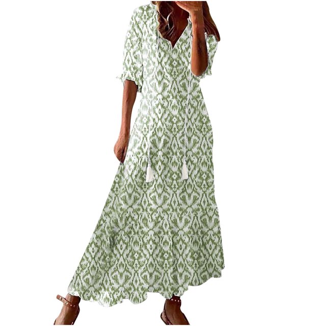 Penkiiy Robe d'Été Boho pour Femmes 2024 à Manches Courtes à Volants avec Franges, Col en V, à Volants, Fluide, Ligne A, Maxi, 2TG, Vert