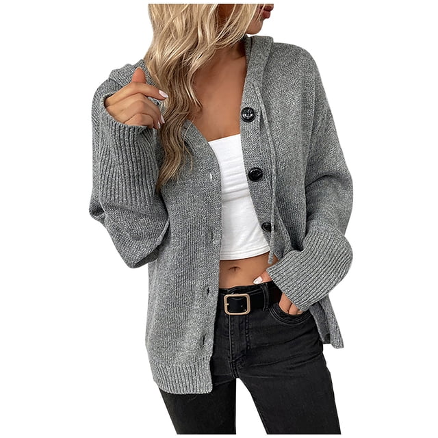 IROINID Women's Short Cardigan Open Front Jacket Solid Color Long Sleeve Leisure Loose Dark Color Rope Knitting Cardigan Jacket, Gray