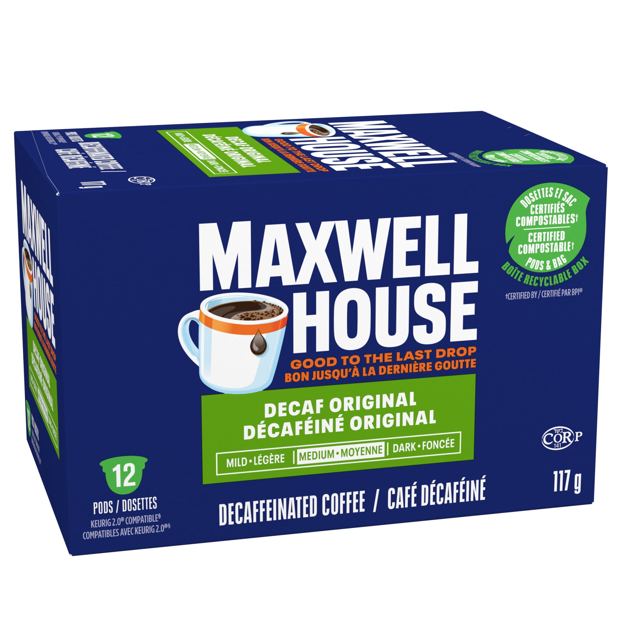 Maxwell House, Decaf Coffee 100% Compostable Pods, 12 Pods, Medium