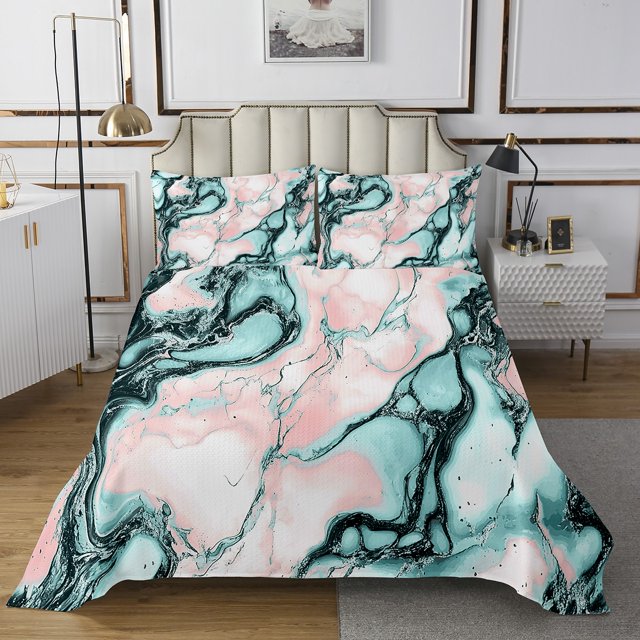Marble Quilt Set Stone Pattern Fluid Coverlet Set Watercolor Marbling Texture Bedspread Set Modern Abstract Art Bedding Set Twin Size,Pink Blue